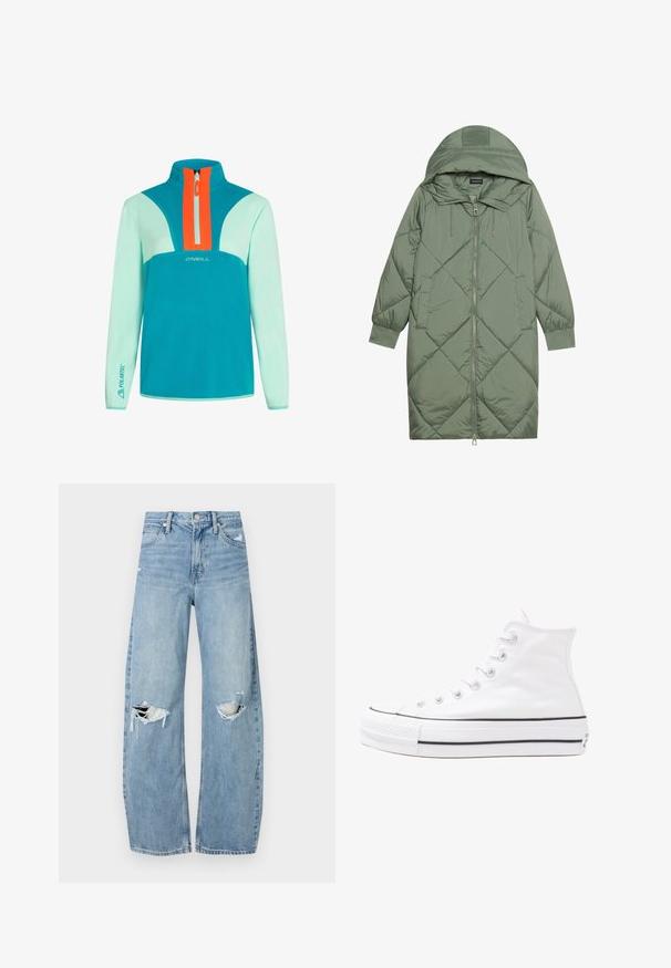 Pistetud pikk roheline puffermantel kapuutsiga, esiküljel tõmblukuga ja kahe küljetaskuga. Kogu pinnal on struktureeritud rombikujundus.; Türkise kapuutsiga sveltus, millel on pool tõmblukk; sisaldab oranži aktsentpaneeli ja "O'Neill" logo. Valmistatud pehmest, tekstureeritud kangast; pikad varrukad.; Heledad hallideega sinised teksad, millel on kõrge talje. Teksade jalgadel on lai alus, kaks rebitud kohta põlvede ümber ning klassikaline viie tasku stiil.; Valge kõrgem kangast tenniseking, millel on must kummist tald, ees kummist varvasetugi ja kuus aukku paelte jaoks, pakkudes puhta ja minimalistliku disaini.