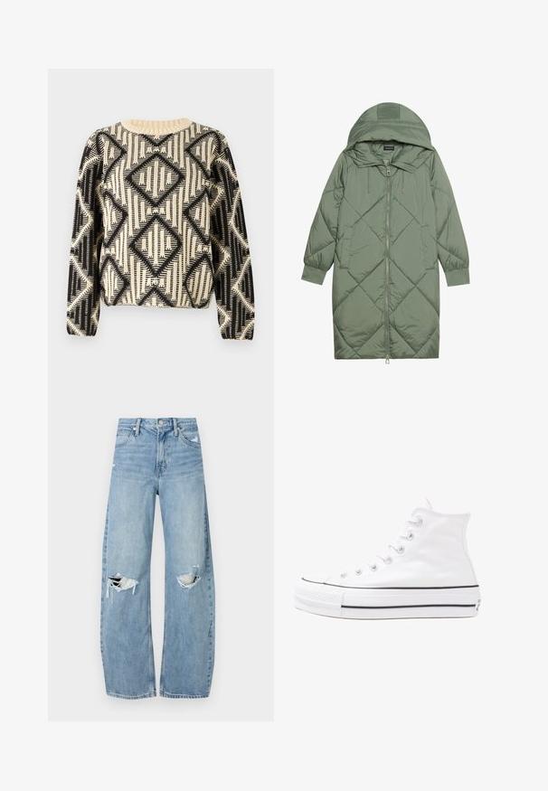 Puchowy, długi, zielony płaszcz z kapturem, z zamkiem błyskawicznym z przodu i dwoma bocznymi kieszeniami. Całość pokryta fakturowanym wzorem diamentowym.; Czarny i kremowy sweter w wzór zgeometryzowanych rombów, okrągłym dekoltem oraz długimi rękawami z ściągaczami.; Jasnoniebieskie, wysokiej talii dżinsy wykonane z denimu. Posiadają szerokie nogawki, dwa podarte miejsca na kolanach oraz klasyczne pięć kieszeni.; Białe wysokie trampki z płótna z czarną gumową podeszwą, przednim czubkiem z gumy i sześcioma dziurkami na sznurowadła, charakteryzujące się prostym, minimalistycznym designem.