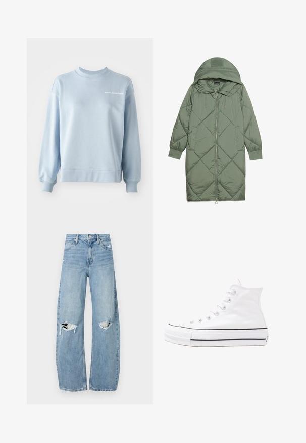 Casaco puffer longo verde acolchoado com capuz, apresentando um fecho frontal com zíper e dois bolsos laterais. Padrão texturizado em forma de diamante por todo o casaco.; Sweatshirt azul claro feito de tecido macio, com um decote redondo e punhos canelados. Pequeno texto branco "costeiras oceânicas" na frente.; Jeans de lavagem clara, de cintura alta, feitos de denim. Apresentam pernas largas, duas áreas rasgadas nos joelhos e o estilo clássico de cinco bolsos.; Sapatilha alta de tela branca com sola de borracha preta, bico de borracha na frente e seis ilhós para os atacadores, apresentando um design limpo e minimalista.