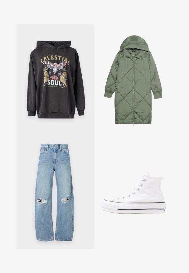 Puchowy, długi, zielony płaszcz z kapturem, z zamkiem błyskawicznym z przodu i dwoma bocznymi kieszeniami. Całość pokryta fakturowanym wzorem diamentowym.; Ciemnoszara bluza z kapturem z kolorową grafiką przedstawiającą motyla, dwa tygrysy i kwiatowe akcenty. Żebrowane mankiety i dolna część.; Jasnoniebieskie, wysokiej talii dżinsy wykonane z denimu. Posiadają szerokie nogawki, dwa podarte miejsca na kolanach oraz klasyczne pięć kieszeni.; Białe wysokie trampki z płótna z czarną gumową podeszwą, przednim czubkiem z gumy i sześcioma dziurkami na sznurowadła, charakteryzujące się prostym, minimalistycznym designem.