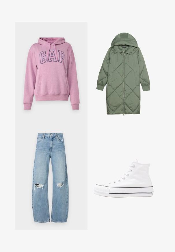 Quiltuotas ilgas žalias pūkinis paltas su kapuce, turintis priekinį užtrauktuką ir dvi šonines kišenes. Visame paviršiuje yra tekstūrinis rombų raštas.; GAP HERITAGE - Sportinis megztinis - plush lilac; Šviesiai mėlynos, aukštu juosmeniu džinsai pagaminti iš džinsinio audinio. Turi plačias kojų kelnes, dvi suplėšytas kelio vietas ir klasikinį penkių kišenių dizainą.; Balti aukštakulniai drobės sportbačiai su juodu guminio pado, priekinio guminio piršto dangteliu ir šešiais akytėmis raištams, pasižymintys švariu, minimalistiniu dizainu.