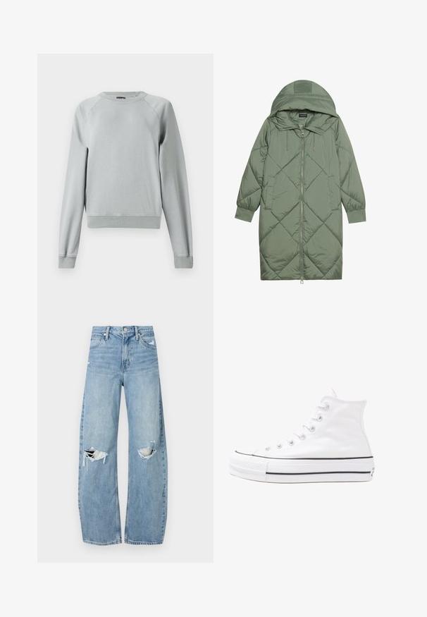 Steppelt, hosszú zöld pufikabát kapucnival, elöl cipzáras záródással és két oldalsó zsebből áll. Az anyagon teljes hosszában váltakozó gyémántmintázat található.; Világosszürke pulóver, puha pamut keverékből készült. Kerek nyakkivágással, raglánujjakkal és bordás mandzsettákkal és alján található bordázott részekkel rendelkezik.; Világoskék, magas derekú farmernadrág. Széles lábakkal, két szakadt térddel és klasszikus öt zsebes dizájnnal rendelkezik.; Fehér magaskorsó vászon sportcipő fekete gumi talppal, elülső gumi orrnyereggel és hat fűzőlyukkal, letisztult, minimalista dizájnnal.