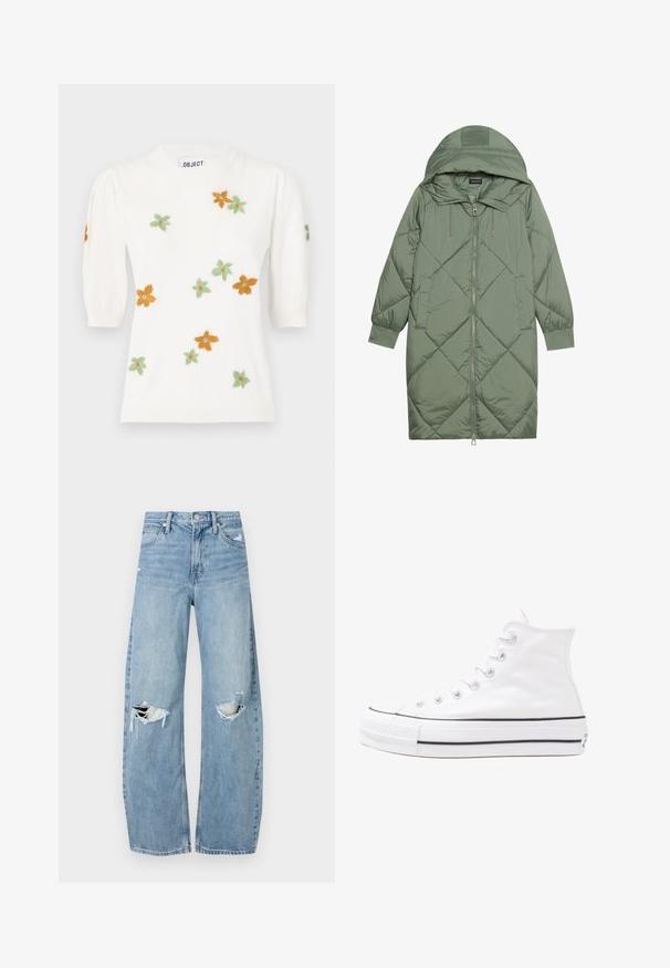 Cappotto lungo imbottito verde con un cappuccio, caratterizzato da una chiusura frontale a zip e due tasche laterali. Motivo a rombi testurizzati su tutta la superficie.; Maglione bianco con maniche corte a sbuffo, caratterizzato da ricami floreali in arancione, verde e giallo. Collo tondo classico e orlo a coste.; Jeans azzurri chiari a vita alta realizzati in denim. Presentano gambe larghe, due aree strappate sulle ginocchia e il classico styling a cinque tasche.; Sneaker alta in tela bianca con suola in gomma nera, punta in gomma frontale e sei asole per i lacci, caratterizzata da un design pulito e minimalista.