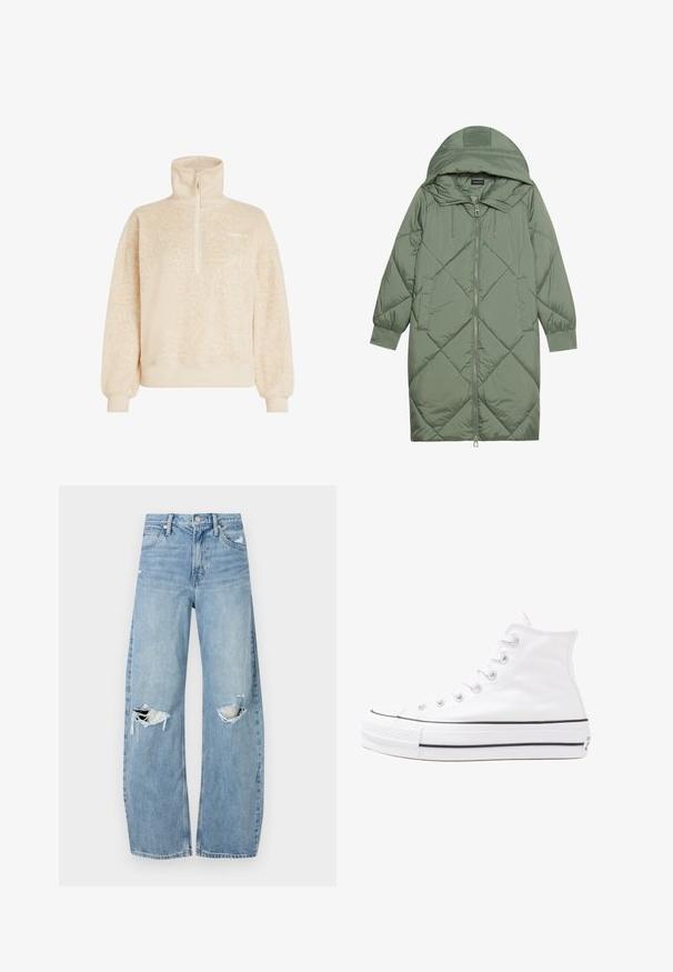 Vadderad lång grön pufferjacka med huva, med en framsidan dragkedjestängning och två sidofickor. Strukturerad diamantmönster över hela plagget.; Beige mjuk fleecetröja med hög krage, halv dragkedja, ribbade muddarna och subtilt leopardmönster, märkt O'Neill på bröstet.; Ljusblå, högmidjade jeans i denim. Har vida ben, två slitna knäområden och klassisk femfickedesign.; Vit hög topp canvas sneaker med svart gummisulan, framsidan gummitåhätta och sex öglor för snören, med en ren, minimalistisk design.