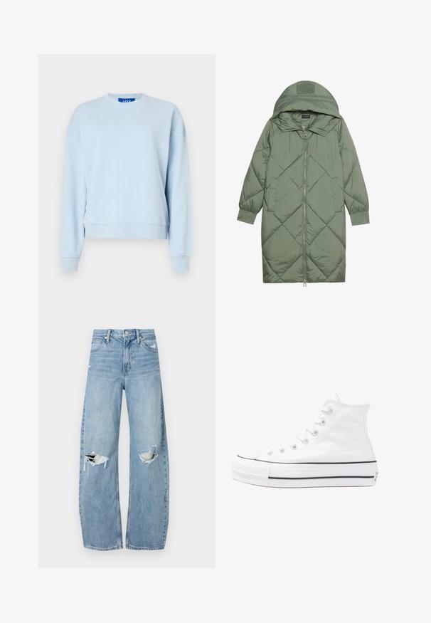 Quiltet lang grønn pufferjakke med hette, med en frontglidelås og to sidelommer. Teksturerte diamantmønster overalt.; Lys blå genser med rett hals, lange ermer, avslappet passform, laget av mykt stoff, med ribbestrikkede mansjetter og nederkant. Ingen mønstre eller grafikk.; Lyseblå høytlivsjeans laget av denim. Har vide bein, to revne knær og klassisk fem-lommers design.; Hvit høy-skinn kanvas sneakers med svart gummisåle, gummitåhette foran og seks hull for snorer, med et rent, minimalistisk design.