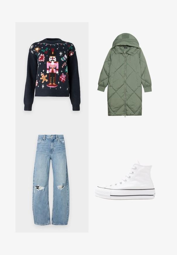 Izšūts garš zaļš pūšļa mētelis ar kapuci, ar priekšējo rāvējslēdzēju un divām sānu kabatām. Visā virsmā ir teksturēta dimanta raksts.; Tumši zila džemperis ar svinīgiem adījumiem, tostarp koka leļļu, piparkūku cilvēku, konfekšu nūjiņām un dāvanām ar daudzkrāsainiem akcentiem.; Gaiši zili, augstās vidukļa džinsi, kas izgatavoti no denima. Iespējas plašas kājas, divas plēstas ceļa daļas un klasiskā piecu kabatu dizains.; Balti augstie kanvas sporta apavi ar melnu gumijas zoli, priekšējo gumijas purngalu un sešām acīm lencēm, kuriem ir tīrs, minimālistisks dizains.