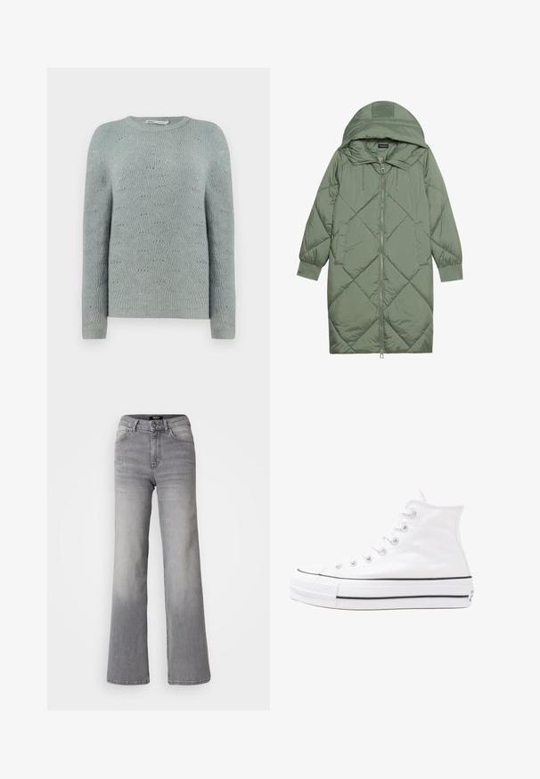 Quiltet lang grøn pufferjakke med hætte, med frontlynlås og to sidelommer. Teksturret diamantmønster over det hele.; Lyseblå strikket sweater med rund halsudskæring, lange ærmer og et tekstureret bølgemønster i hele stoffet.; Højtaljede grå denim jeans med lige ben, med frontknap og lynlås, foran og bagpå lommer, samt nedtoning på lår og lægge.; Hvide høje kanvas sneakers med sort gummisål, gummitåhætte foran og seks øjehuller til snørebånd, der har et rent, minimalistisk design.