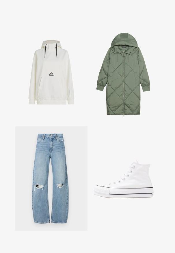 Cappotto lungo imbottito verde con un cappuccio, caratterizzato da una chiusura frontale a zip e due tasche laterali. Motivo a rombi testurizzati su tutta la superficie.; Giacca a vento bianca con cappuccio, cordino, tasca frontale, polsini elastici e orlo. Presenta una toppa a forma di triangolo sul petto.; Jeans azzurri chiari a vita alta realizzati in denim. Presentano gambe larghe, due aree strappate sulle ginocchia e il classico styling a cinque tasche.; Sneaker alta in tela bianca con suola in gomma nera, punta in gomma frontale e sei asole per i lacci, caratterizzata da un design pulito e minimalista.