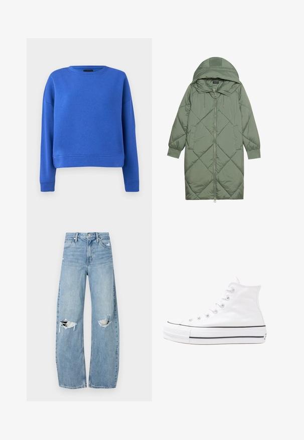 Κοντό πράσινο πούπερ μπουφάν με κουκούλα, διαθέτοντας κεντρικό φερμουάρ και δύο πλαϊνές τσέπες. Υφασμάτινο σχέδιο με ρόμβους σε όλη την επιφάνεια.; Μπλε φούτερ με στρογγυλή λαιμόκοψη, μακριά μανίκια και κοντή γραμμή. Φτιαγμένο από μαλακό και λείο ύφασμα βαμβακερού μείγματος. Χωρίς σχέδια ή διακοσμητικά στοιχεία.; Ανοιχτόμπλε, ψηλόμεσα τζιν φτιαγμένα από τζιν ύφασμα. Διαθέτουν φαρδιές καμπάνες, δύο σκισμένα γόνατα και κλασικό στιλ πέντε τσεπών.; Λευκό ψηλό καμβαδάκι αθλητικό παπούτσι με μαύρη καουτσούκ σόλα, πρόσθιο καουτσούκ καλύμματος δακτύλου και έξι οπές για κορδόνια, με μια καθαρή και μίνιμαλ σχεδίαση.