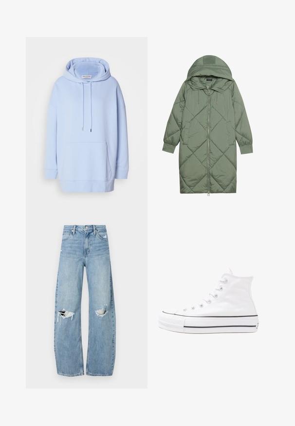 Κοντό πράσινο πούπερ μπουφάν με κουκούλα, διαθέτοντας κεντρικό φερμουάρ και δύο πλαϊνές τσέπες. Υφασμάτινο σχέδιο με ρόμβους σε όλη την επιφάνεια.; Ανοιχτό γαλάζιο φούτερ με ευρύχωρη κουκούλα, κορδόνια και μπροστινή τσέπη τύπου καγκουρό. Φτιαγμένο από μαλακό ύφασμα με ριμπ μανσέτες και στρίφωμα.; Ανοιχτόμπλε, ψηλόμεσα τζιν φτιαγμένα από τζιν ύφασμα. Διαθέτουν φαρδιές καμπάνες, δύο σκισμένα γόνατα και κλασικό στιλ πέντε τσεπών.; Λευκό ψηλό καμβαδάκι αθλητικό παπούτσι με μαύρη καουτσούκ σόλα, πρόσθιο καουτσούκ καλύμματος δακτύλου και έξι οπές για κορδόνια, με μια καθαρή και μίνιμαλ σχεδίαση.