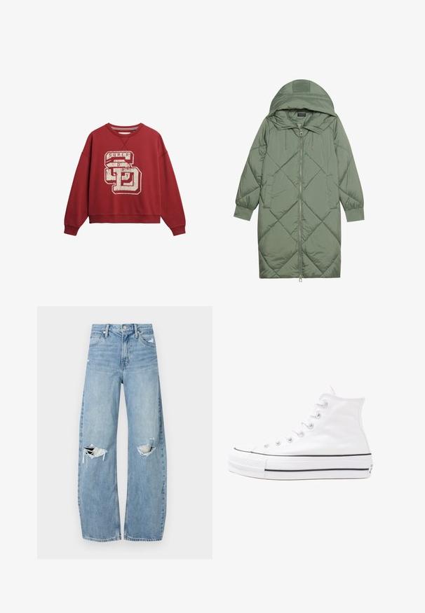 Puchowy, długi, zielony płaszcz z kapturem, z zamkiem błyskawicznym z przodu i dwoma bocznymi kieszeniami. Całość pokryta fakturowanym wzorem diamentowym.; Superdry & Co - Bluza; Jasnoniebieskie, wysokiej talii dżinsy wykonane z denimu. Posiadają szerokie nogawki, dwa podarte miejsca na kolanach oraz klasyczne pięć kieszeni.; Białe wysokie trampki z płótna z czarną gumową podeszwą, przednim czubkiem z gumy i sześcioma dziurkami na sznurowadła, charakteryzujące się prostym, minimalistycznym designem.