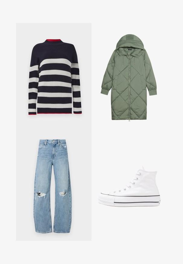 Steppelt, hosszú zöld pufikabát kapucnival, elöl cipzáras záródással és két oldalsó zsebből áll. Az anyagon teljes hosszában váltakozó gyémántmintázat található.; Tengerészeti és fehér csíkos pulóver bordás textúrával, magas gallérral és piros részletekkel a galléron és az alján.; Világoskék, magas derekú farmernadrág. Széles lábakkal, két szakadt térddel és klasszikus öt zsebes dizájnnal rendelkezik.; Fehér magaskorsó vászon sportcipő fekete gumi talppal, elülső gumi orrnyereggel és hat fűzőlyukkal, letisztult, minimalista dizájnnal.
