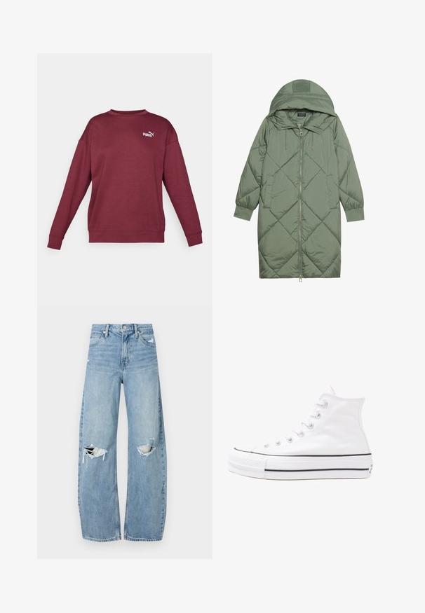 Quiltet lang grønn pufferjakke med hette, med en frontglidelås og to sidelommer. Teksturerte diamantmønster overalt.; Bordårets hettegenser med lange ermer, rund halslinning og ribbestrikkede mansjetter. Har en hvit logo på brystet. Laget av myk, teksturert stoff.; Lyseblå høytlivsjeans laget av denim. Har vide bein, to revne knær og klassisk fem-lommers design.; Hvit høy-skinn kanvas sneakers med svart gummisåle, gummitåhette foran og seks hull for snorer, med et rent, minimalistisk design.
