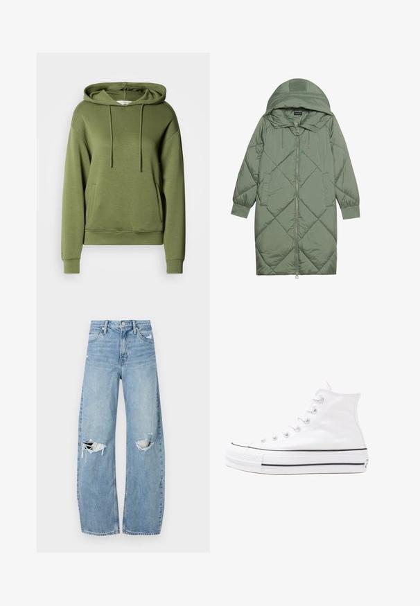 Vihreä vuorattu pitkänmallinen puhvitakki, jossa on huppu, etuvetoketju ja kaksi sivutaskua. Koko takin pinta on teksturoidussa timanttikuviossa.; Oliivinvihreä huppari, joka on valmistettu pehmeästä kankaasta. Siinä on etutasku, kiristysnauhallinen huppu ja resorireunukset hihansuissa. Edessä on hillitty kohopainettu logo.; Vaaleansiniset, korkeavyötäröiset farkut, jotka on valmistettu denimmateriaalista. Ominaisuuksiin kuuluvat leveät lahkeet, kaksi revittyä polvialuetta ja klassinen viiden taskun tyyli.; Valkoiset korkeavartiset kangaskengät mustalla kumipohjalla, edessä kuminen varvasosa ja kuusi nauha-aukkoa, puhtaan minimalistisella muotoilulla.