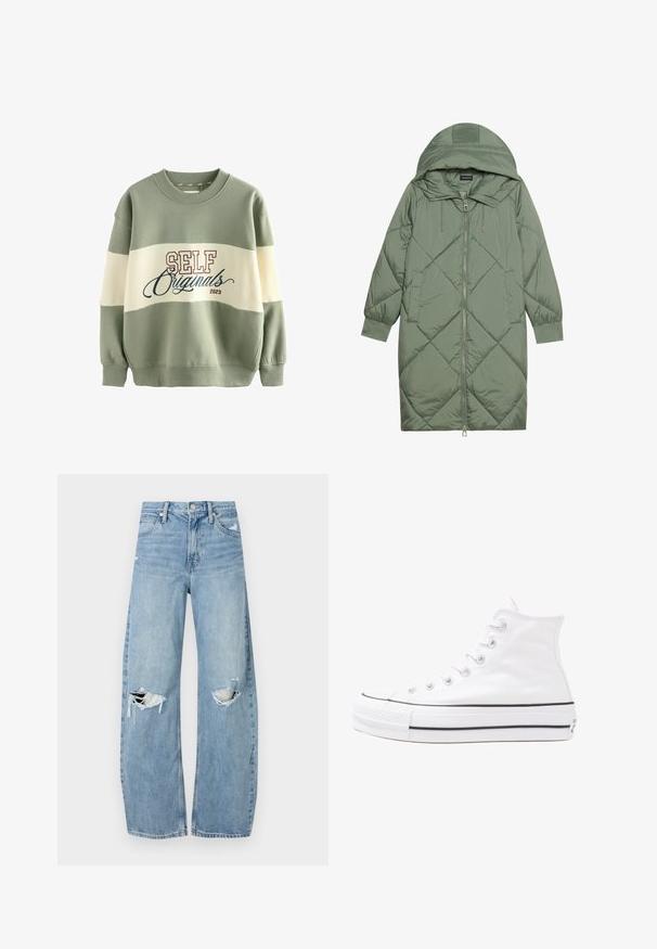 Zelený prešívaný páperový kabát s kapucňou, so zipsovým uzáverom vpredu a dvoma bočnými vreckami. Po celom povrchu je textúrovaný diamantový vzor.; Zelený a krémový pulóver s okrúhlym výstrihom, ribbovanými manžetami a textom 'SELF Originals 2023' v burgundskej a modrej farbe.; Svetlomodré, vysoké džínsy vyrobené z denimu. Majú široké nohavice, dve roztrhnuté kolená a klasický päťvreckový strih.; Biele vysoké plátené tenisky s čiernou gumovou podošvou, prednou gumovou špičkou a šiestimi okami na šnúrky, s čistým, minimalistickým dizajnom.