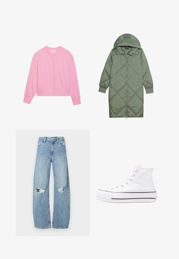 Cappotto lungo imbottito verde con un cappuccio, caratterizzato da una chiusura frontale a zip e due tasche laterali. Motivo a rombi testurizzati su tutta la superficie.; Felpa rosa con scollatura a girocollo, maniche lunghe a raglan, orlo e polsini a coste. Texture morbida con un design a tinta unita.; Jeans azzurri chiari a vita alta realizzati in denim. Presentano gambe larghe, due aree strappate sulle ginocchia e il classico styling a cinque tasche.; Sneaker alta in tela bianca con suola in gomma nera, punta in gomma frontale e sei asole per i lacci, caratterizzata da un design pulito e minimalista.