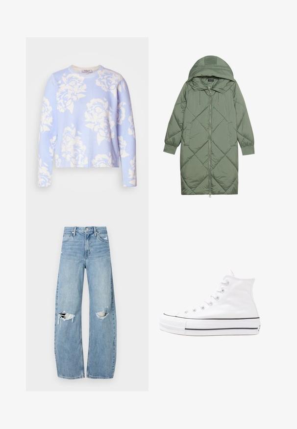 Manteau matelassé long vert avec capuche, doté d'une fermeture éclair à l'avant et de deux poches latérales. Motif en losanges texturé sur toute sa surface.; Pull bleu clair avec un motif de roses blanches, des poignets et un ourlet côtelés, un col rond et un tissu doux et texturé.; Jeans en denim bleu clair à taille haute. Présentent des jambes larges, deux zones déchirées aux genoux et un style classique à cinq poches.; Baskets montantes en toile blanche avec semelle en caoutchouc noir, capuchon en caoutchouc à l'avant, et six œillets pour les lacets, présentant un design épuré et minimaliste.