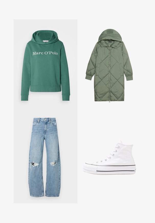 Prostorna dolga zeleni puffer plašč s kapuco, z zadrgo spredaj in dvema stranskima žepoma. Tekstura z diamantnim vzorcem po celotni površini.; Zeleno bombažno pulover s široko kapuco, ki ima spredaj bel logotip "Marc O’Polo". Ribičasti manšeti in spodnji del.; Svijetloplave traperice visoki struk. Imaju široke nogavice, dva poderana područja na koljenima i klasičan petotoksi stil.; Beli visoki platneni športni čevelj z črnim gumijastim podplatom, sprednjim gumijastim zaščitnikom za prste in šestimi luknjicami za vezalke, ki se ponaša s preprostim, minimalističnim dizajnom.