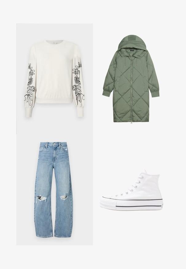 Abrigo acolchado largo verde tipo puffer con capucha, que presenta un cierre frontal con cremallera y dos bolsillos laterales. Patrón de diamantes texturizado en toda su superficie.; Sudadera blanca de manga larga con bordado floral abstracto negro en las mangas y puños y dobladillo acanalados.; Vaqueros de mezclilla de tiro alto en azul claro. Tienen piernas anchas, dos áreas desgastadas en las rodillas y un estilo clásico de cinco bolsillos.; Zapatilla de lona alta blanca con suela de goma negra, puntera de goma frontal y seis ojetes para los cordones, que presenta un diseño limpio y minimalista.