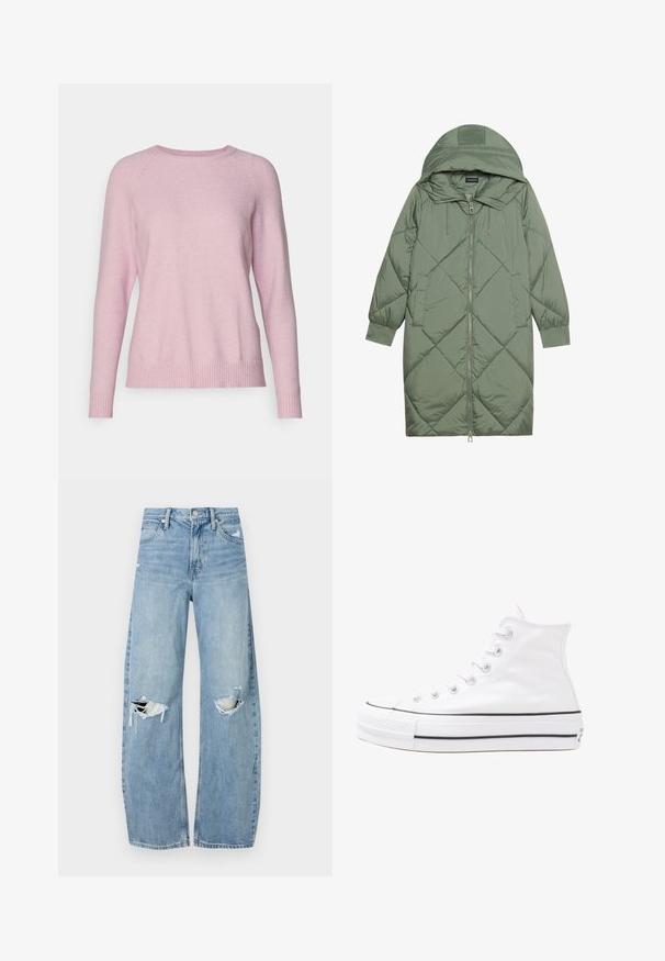 Casaco puffer longo verde acolchoado com capuz, apresentando um fecho frontal com zíper e dois bolsos laterais. Padrão texturizado em forma de diamante por todo o casaco.; ONLY Petite ONLLESLY KINGS - Camisola - light pink melange; Jeans de lavagem clara, de cintura alta, feitos de denim. Apresentam pernas largas, duas áreas rasgadas nos joelhos e o estilo clássico de cinco bolsos.; Sapatilha alta de tela branca com sola de borracha preta, bico de borracha na frente e seis ilhós para os atacadores, apresentando um design limpo e minimalista.