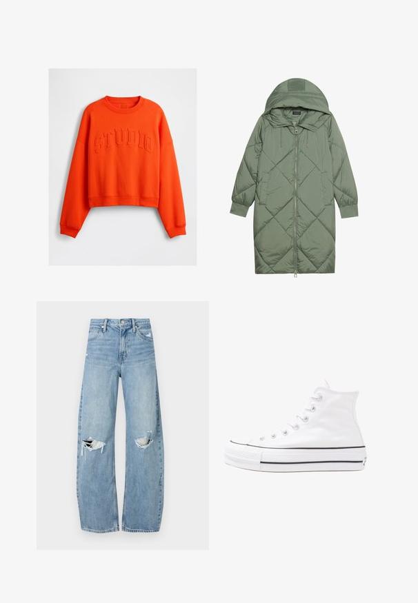 Steppelt, hosszú zöld pufikabát kapucnival, elöl cipzáras záródással és két oldalsó zsebből áll. Az anyagon teljes hosszában váltakozó gyémántmintázat található.; Narancssárga, rövidített pulóver kerek nyakkal és lecsúsztatott vállakkal. Középen kiemelkedő "STUDIO" felirattal és bordázott mandzsettákkal, valamint alsó szegéllyel rendelkezik.; Világoskék, magas derekú farmernadrág. Széles lábakkal, két szakadt térddel és klasszikus öt zsebes dizájnnal rendelkezik.; Fehér magaskorsó vászon sportcipő fekete gumi talppal, elülső gumi orrnyereggel és hat fűzőlyukkal, letisztult, minimalista dizájnnal.