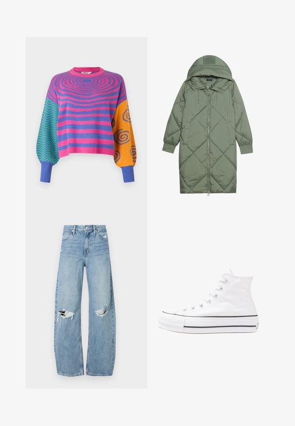 Abrigo acolchado largo verde tipo puffer con capucha, que presenta un cierre frontal con cremallera y dos bolsillos laterales. Patrón de diamantes texturizado en toda su superficie.; Suéter de manga larga con rayas concéntricas rosas y moradas en el cuerpo, zigzags verdes y azules en una manga, y espirales naranjas con azul en la otra.; Vaqueros de mezclilla de tiro alto en azul claro. Tienen piernas anchas, dos áreas desgastadas en las rodillas y un estilo clásico de cinco bolsillos.; Zapatilla de lona alta blanca con suela de goma negra, puntera de goma frontal y seis ojetes para los cordones, que presenta un diseño limpio y minimalista.
