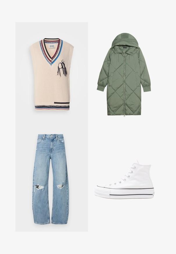 Gesteppten langer grüner Daunenmantel mit Kapuze, mit einem Reißverschluss vorne und zwei Seitentaschen. Strukturiertes Rautenmuster auf der gesamten Fläche.; Beige gestrickte Weste mit V-Ausschnitt, gestreiftem Kragen in Blau, Bordeaux und Schwarz. Verfügt über dekorative Nähte und ein kleines Taschen-Detail.; Helles, hochtailliertes Jeans aus Denim. Hat weit geschnittene Beine, zwei aufgerissene Kniebereiche und klassischen Fünf-Taschen-Stil.; Weiße hochwertige Leinensneaker mit schwarzer Gummisohle, vorderem Gummizehenschutz und sechs Ösen für Schnürsenkel, die ein sauberes, minimalistisches Design aufweisen.