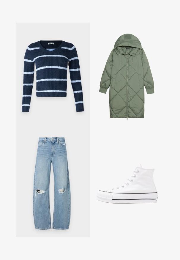 Izšūts garš zaļš pūšļa mētelis ar kapuci, ar priekšējo rāvējslēdzēju un divām sānu kabatām. Visā virsmā ir teksturēta dimanta raksts.; Hollister Co. ICON CABLE V NECK - Džemperis - eventide/grisaille; Gaiši zili, augstās vidukļa džinsi, kas izgatavoti no denima. Iespējas plašas kājas, divas plēstas ceļa daļas un klasiskā piecu kabatu dizains.; Balti augstie kanvas sporta apavi ar melnu gumijas zoli, priekšējo gumijas purngalu un sešām acīm lencēm, kuriem ir tīrs, minimālistisks dizains.