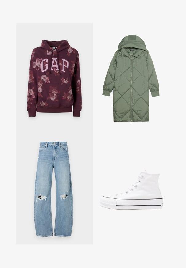 Puchowy, długi, zielony płaszcz z kapturem, z zamkiem błyskawicznym z przodu i dwoma bocznymi kieszeniami. Całość pokryta fakturowanym wzorem diamentowym.; Bordowy sweatshirt z kapturem w kwiatowy wzór, logo "GAP" w jasnoróżowym kolorze, kieszeń kangurza, ściągacze przy mankietach i na dole. Wykonany z miękkiego materiału.; Jasnoniebieskie, wysokiej talii dżinsy wykonane z denimu. Posiadają szerokie nogawki, dwa podarte miejsca na kolanach oraz klasyczne pięć kieszeni.; Białe wysokie trampki z płótna z czarną gumową podeszwą, przednim czubkiem z gumy i sześcioma dziurkami na sznurowadła, charakteryzujące się prostym, minimalistycznym designem.