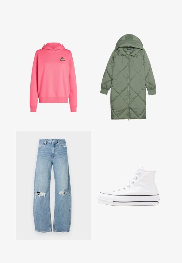 Zelený prešívaný páperový kabát s kapucňou, so zipsovým uzáverom vpredu a dvoma bočnými vreckami. Po celom povrchu je textúrovaný diamantový vzor.; Ružová mikina s kapucňou vyrobená z mäkkého materiálu, s trojuholníkovou nášivkou na hrudi. Obsahuje rebrované manžety a lem.; Svetlomodré, vysoké džínsy vyrobené z denimu. Majú široké nohavice, dve roztrhnuté kolená a klasický päťvreckový strih.; Biele vysoké plátené tenisky s čiernou gumovou podošvou, prednou gumovou špičkou a šiestimi okami na šnúrky, s čistým, minimalistickým dizajnom.