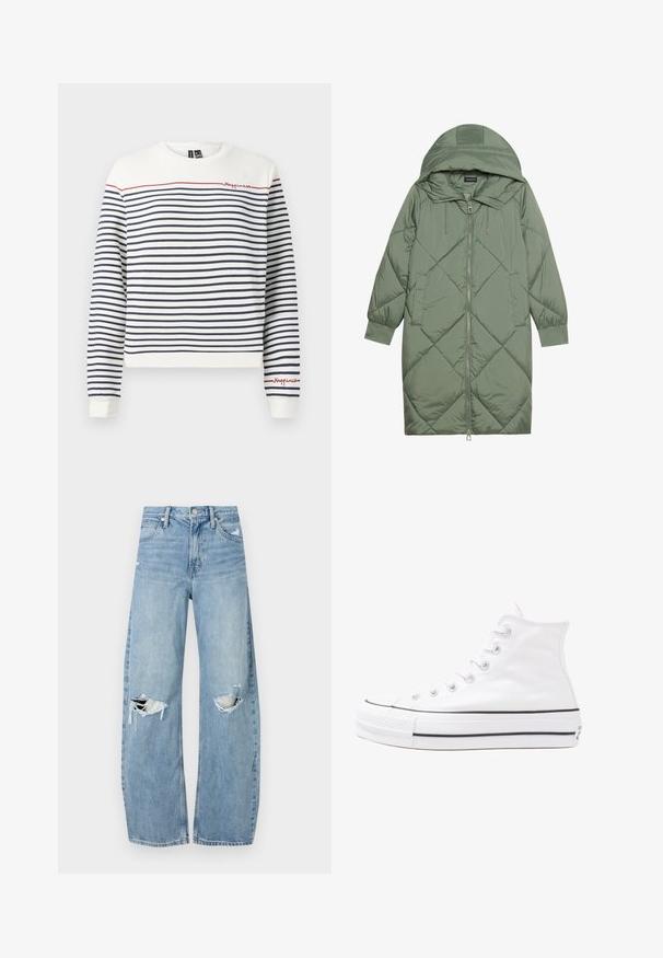 Abrigo acolchado largo verde tipo puffer con capucha, que presenta un cierre frontal con cremallera y dos bolsillos laterales. Patrón de diamantes texturizado en toda su superficie.; Sudadera rayas blancas y marinas con bordado rojo que dice "Felicidad". Presenta un cuello redondo y puños acanalados. Material de algodón suave.; Vaqueros de mezclilla de tiro alto en azul claro. Tienen piernas anchas, dos áreas desgastadas en las rodillas y un estilo clásico de cinco bolsillos.; Zapatilla de lona alta blanca con suela de goma negra, puntera de goma frontal y seis ojetes para los cordones, que presenta un diseño limpio y minimalista.