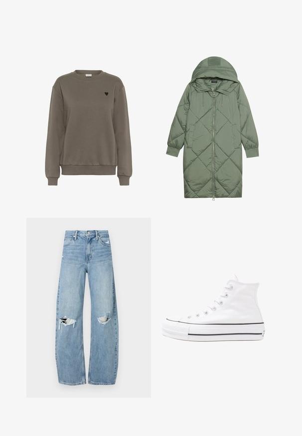 Izšūts garš zaļš pūšļa mētelis ar kapuci, ar priekšējo rāvējslēdzēju un divām sānu kabatām. Visā virsmā ir teksturēta dimanta raksts.; Brūns kokvilnas džemperis ar apaļo izgriezumu, ribotiem piedurknēm un apakšmalu. Uz kreisā krūšu rajona ir neliels melns sirds logotips.; Gaiši zili, augstās vidukļa džinsi, kas izgatavoti no denima. Iespējas plašas kājas, divas plēstas ceļa daļas un klasiskā piecu kabatu dizains.; Balti augstie kanvas sporta apavi ar melnu gumijas zoli, priekšējo gumijas purngalu un sešām acīm lencēm, kuriem ir tīrs, minimālistisks dizains.