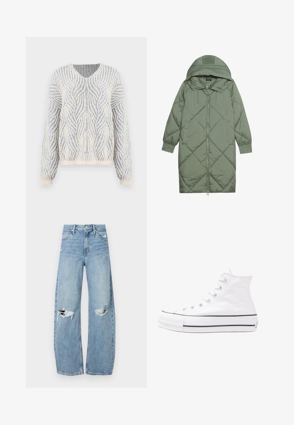 Abrigo acolchado largo verde tipo puffer con capucha, que presenta un cierre frontal con cremallera y dos bolsillos laterales. Patrón de diamantes texturizado en toda su superficie.; Suéter de punto en crema y azul claro con un patrón texturizado ondulado. Cuenta con un escote en V y mangas largas con puños y dobladillo acanalados.; Vaqueros de mezclilla de tiro alto en azul claro. Tienen piernas anchas, dos áreas desgastadas en las rodillas y un estilo clásico de cinco bolsillos.; Zapatilla de lona alta blanca con suela de goma negra, puntera de goma frontal y seis ojetes para los cordones, que presenta un diseño limpio y minimalista.