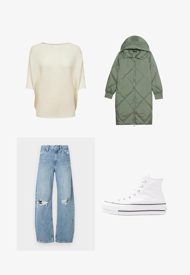 Manteau matelassé long vert avec capuche, doté d'une fermeture éclair à l'avant et de deux poches latérales. Motif en losanges texturé sur toute sa surface.; Top tricot couleur crème avec un large col bateau, des manches courtes et une texture côtelée. Coupe fluide avec un ourlet incurvé.; Jeans en denim bleu clair à taille haute. Présentent des jambes larges, deux zones déchirées aux genoux et un style classique à cinq poches.; Baskets montantes en toile blanche avec semelle en caoutchouc noir, capuchon en caoutchouc à l'avant, et six œillets pour les lacets, présentant un design épuré et minimaliste.
