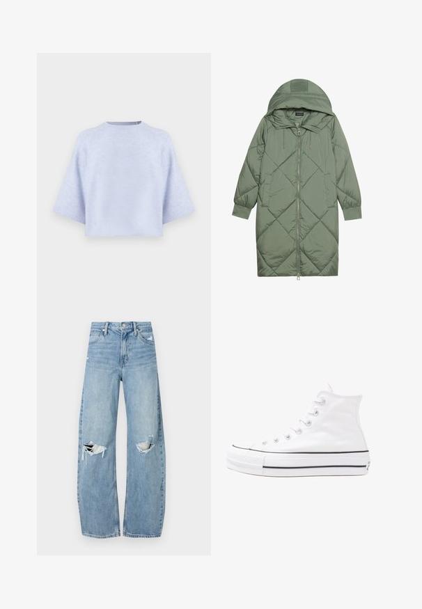 Prošívaný dlouhý zelený péřový kabát s kapucí, který má přední zip a dvě boční kapsy. Po celém povrchu je texturovaný diamantový vzor.; Světle modrý zkrácený svetr vyrobený z měkké tkaniny. Má široké rukávy, kulatý výstřih a volný střih. Hladká textura, minimalistický design.; Světle modré džíny s vysokým pasem vyrobené z denimu. Mají široké nohavice, dvě roztržené oblasti na kolenou a klasický pětikapsový střih.; Bílé vysoké plátěné tenisky s černou gumovou podrážkou, přední gumovou špičkou a šesti očky na tkaničky, se čistým, minimalistickým designem.