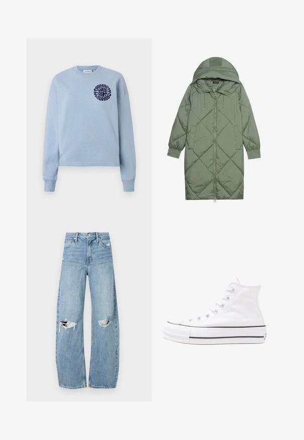 Quiltet lang grønn pufferjakke med hette, med en frontglidelås og to sidelommer. Teksturerte diamantmønster overalt.; Lyseblå bomullssweatshirt med lange ermer og rund hals. Har et marineblått sirkulært grafisk design på venstre bryst. Myk tekstur.; Lyseblå høytlivsjeans laget av denim. Har vide bein, to revne knær og klassisk fem-lommers design.; Hvit høy-skinn kanvas sneakers med svart gummisåle, gummitåhette foran og seks hull for snorer, med et rent, minimalistisk design.