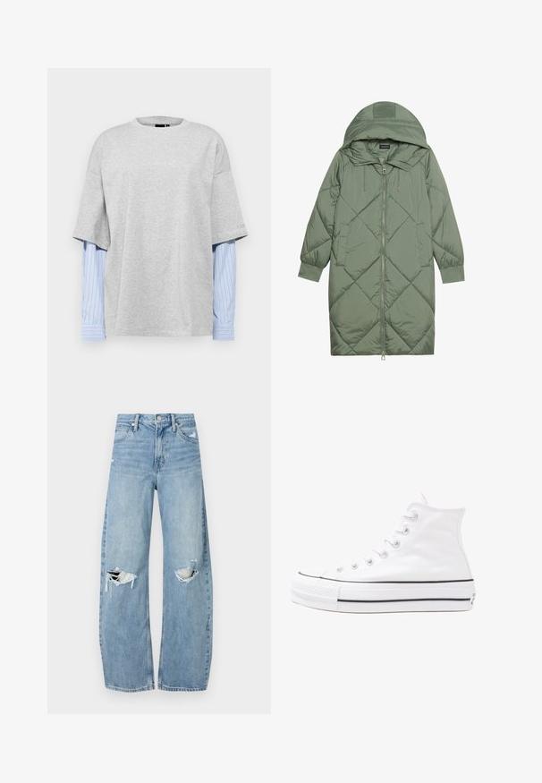 Quilted long green puffer coat with a hood, featuring a front zipper closure and two side pockets. Textured diamond pattern throughout.; Gray oversized t-shirt with short sleeves, featuring a layered design of blue and white striped long sleeves underneath.; Light blue, high-waisted jeans made of denim. Feature wide legs, two torn knee areas, and classic five-pocket styling.; White high-top canvas sneaker with black rubber sole, front rubber toe cap, and six eyelets for laces, featuring a clean, minimalist design.