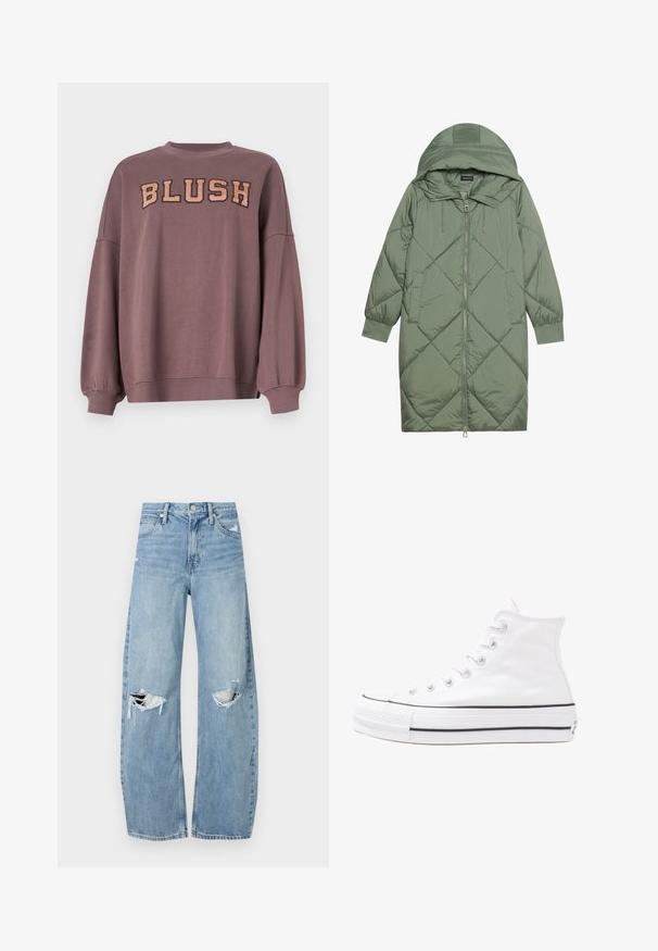 Cappotto lungo imbottito verde con un cappuccio, caratterizzato da una chiusura frontale a zip e due tasche laterali. Motivo a rombi testurizzati su tutta la superficie.; Sweatshirt viola con scollatura rotonda, spalle scese e maniche lunghe. La scritta "BLUSH" in lettere beige ricamate sulla parte anteriore.; Jeans azzurri chiari a vita alta realizzati in denim. Presentano gambe larghe, due aree strappate sulle ginocchia e il classico styling a cinque tasche.; Sneaker alta in tela bianca con suola in gomma nera, punta in gomma frontale e sei asole per i lacci, caratterizzata da un design pulito e minimalista.
