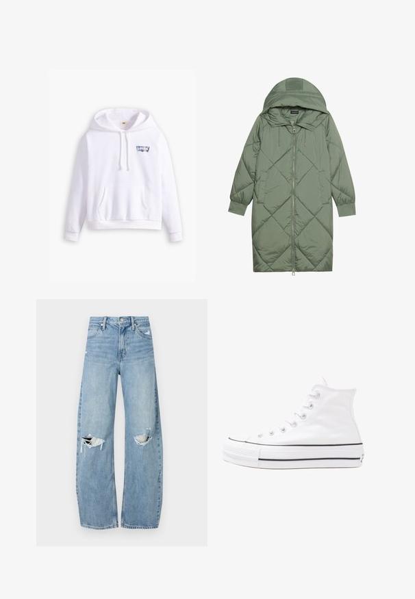 Vadderad lång grön pufferjacka med huva, med en framsidan dragkedjestängning och två sidofickor. Strukturerad diamantmönster över hela plagget.; Vit bomullshuvtröja med en framficka, dragsko i huvan och en färgglad Levi's logotyp-patch på bröstet. Mjuk textur och avslappnad design.; Ljusblå, högmidjade jeans i denim. Har vida ben, två slitna knäområden och klassisk femfickedesign.; Vit hög topp canvas sneaker med svart gummisulan, framsidan gummitåhätta och sex öglor för snören, med en ren, minimalistisk design.