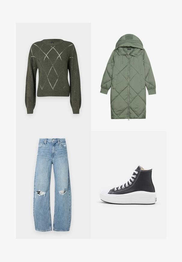 Quiltana duga zelena puffer jakna s kapuljačom, s prednjim zatvaračem i dva bočna džepa. Teksturni dijamantni uzorak kroz cijelu jaknu.; Zeleni pleteni pulover s dijamantnim izrezima, okruglim izrezom i dugim rukavima. Ima rebraste manžete i donji rub s teksturiranim završetkom.; Svijetloplave, visoko-strukirane traperice. Imaju široke nogavice, dva razderana područja na koljenima i klasičan stil s pet džepova.; Crni visoki tenisice s bijelim vezicama i gumenenim potplatom. Imaju glatku kožnu teksturu i bijele šavove.