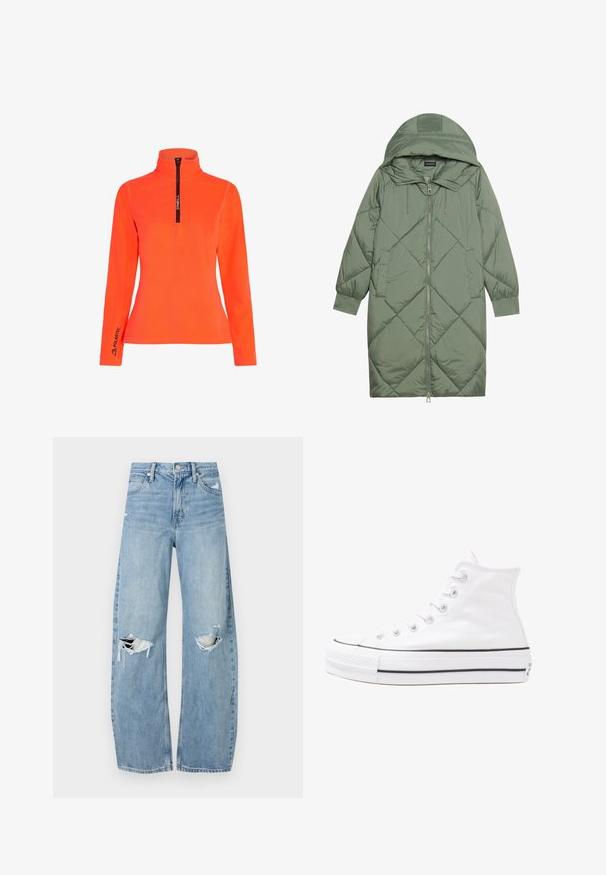 Puchowy, długi, zielony płaszcz z kapturem, z zamkiem błyskawicznym z przodu i dwoma bocznymi kieszeniami. Całość pokryta fakturowanym wzorem diamentowym.; Jasnopomarańczowy polarowy pulower z wysokim kołnierzem i zamkiem na pół długości. Posiada czarny zamek i logo "Polartec" na mankiecie. Gładka tekstura.; Jasnoniebieskie, wysokiej talii dżinsy wykonane z denimu. Posiadają szerokie nogawki, dwa podarte miejsca na kolanach oraz klasyczne pięć kieszeni.; Białe wysokie trampki z płótna z czarną gumową podeszwą, przednim czubkiem z gumy i sześcioma dziurkami na sznurowadła, charakteryzujące się prostym, minimalistycznym designem.