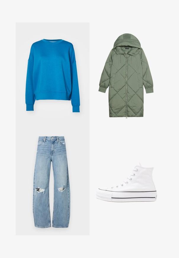 Cappotto lungo imbottito verde con un cappuccio, caratterizzato da una chiusura frontale a zip e due tasche laterali. Motivo a rombi testurizzati su tutta la superficie.; Felpa blu con una vestibilità rilassata, scollatura rotonda e maniche larghe. Realizzata in tessuto morbido con polsini e fondo a coste.; Jeans azzurri chiari a vita alta realizzati in denim. Presentano gambe larghe, due aree strappate sulle ginocchia e il classico styling a cinque tasche.; Sneaker alta in tela bianca con suola in gomma nera, punta in gomma frontale e sei asole per i lacci, caratterizzata da un design pulito e minimalista.