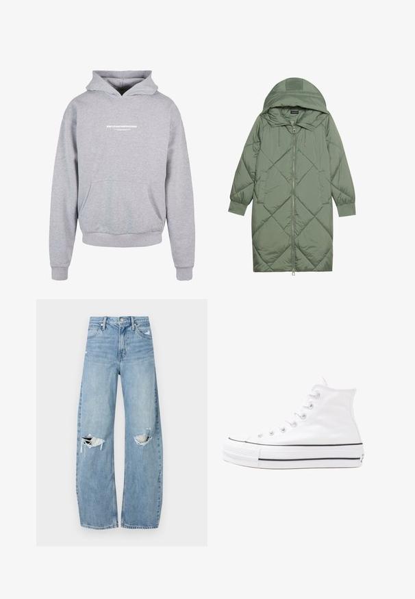 Pistetud pikk roheline puffermantel kapuutsiga, esiküljel tõmblukuga ja kahe küljetaskuga. Kogu pinnal on struktureeritud rombikujundus.; Hallide gahehedrin, millel on eesmine tasku, ja mille rinnal on valge prinditud tekst "METAMORFOOS". Puuvillasegune materjal, soonikkoes varrukad.; Heledad hallideega sinised teksad, millel on kõrge talje. Teksade jalgadel on lai alus, kaks rebitud kohta põlvede ümber ning klassikaline viie tasku stiil.; Valge kõrgem kangast tenniseking, millel on must kummist tald, ees kummist varvasetugi ja kuus aukku paelte jaoks, pakkudes puhta ja minimalistliku disaini.