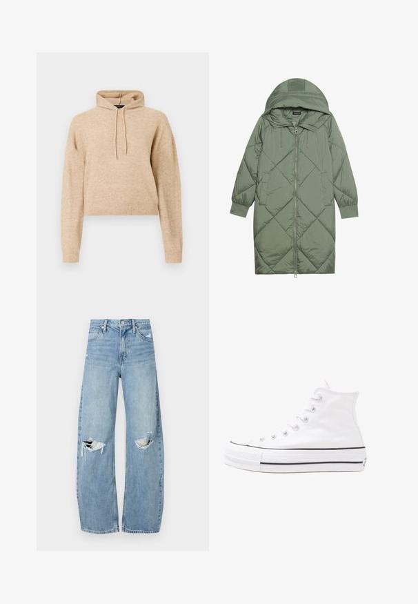 Casaco puffer longo verde acolchoado com capuz, apresentando um fecho frontal com zíper e dois bolsos laterais. Padrão texturizado em forma de diamante por todo o casaco.; Camisola de malha cropped beige com mangas longas e capuz ajustável, apresentada sobre um fundo branco.; Jeans de lavagem clara, de cintura alta, feitos de denim. Apresentam pernas largas, duas áreas rasgadas nos joelhos e o estilo clássico de cinco bolsos.; Sapatilha alta de tela branca com sola de borracha preta, bico de borracha na frente e seis ilhós para os atacadores, apresentando um design limpo e minimalista.