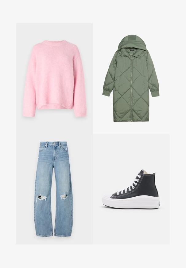 Κοντό πράσινο πούπερ μπουφάν με κουκούλα, διαθέτοντας κεντρικό φερμουάρ και δύο πλαϊνές τσέπες. Υφασμάτινο σχέδιο με ρόμβους σε όλη την επιφάνεια.; Gina Tricot BOXY SWEATER - Πουλόβερ - lilac sachet; Ανοιχτόμπλε, ψηλόμεσα τζιν φτιαγμένα από τζιν ύφασμα. Διαθέτουν φαρδιές καμπάνες, δύο σκισμένα γόνατα και κλασικό στιλ πέντε τσεπών.; Μαύρο ψηλό αθλητικό παπούτσι με λευκές κορδόνες και καουτσούκ σόλα. Διαθέτει λεία υφή δέρματος και λευκές ραφές ως λεπτομέρεια.