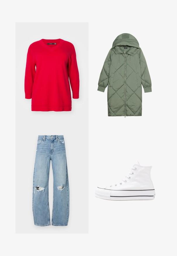 Quiltet lang grøn pufferjakke med hætte, med frontlynlås og to sidelommer. Teksturret diamantmønster over det hele.; Rød langærmet sweater med V-hals, der har en afslappet pasform og ribbede manchetter, fremstillet af blødt strikstof.; Lysblå, højtraljede jeans lavet af denim. Har brede ben, to huller ved knæene og klassisk fem-lommes stil.; Hvide høje kanvas sneakers med sort gummisål, gummitåhætte foran og seks øjehuller til snørebånd, der har et rent, minimalistisk design.