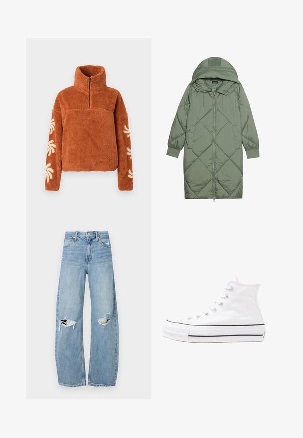 Zelený prešívaný páperový kabát s kapucňou, so zipsovým uzáverom vpredu a dvoma bočnými vreckami. Po celom povrchu je textúrovaný diamantový vzor.; Hnedý fleece pulóver s vysokým golierom, štvrťovým zipsom a krémovými kvetinovými vzormi na rukávoch. Mäkko štruktúrovaný, uvoľnený strih.; Svetlomodré, vysoké džínsy vyrobené z denimu. Majú široké nohavice, dve roztrhnuté kolená a klasický päťvreckový strih.; Biele vysoké plátené tenisky s čiernou gumovou podošvou, prednou gumovou špičkou a šiestimi okami na šnúrky, s čistým, minimalistickým dizajnom.