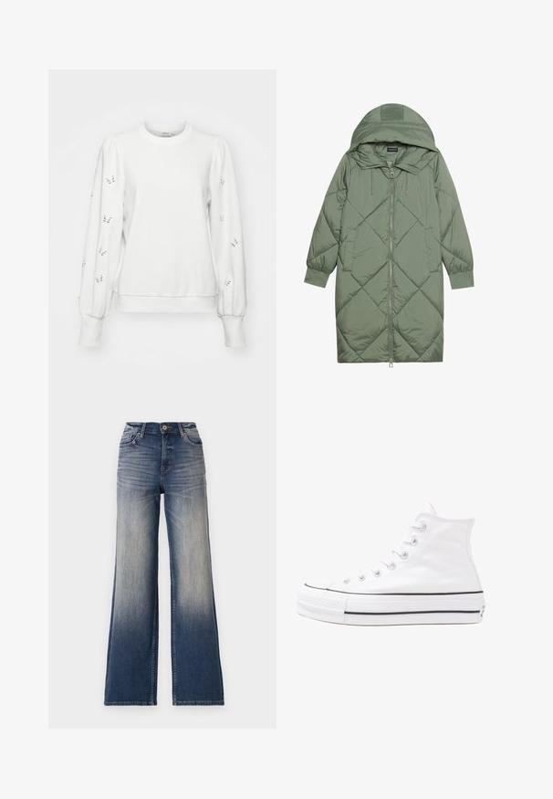 Quiltet lang grønn pufferjakke med hette, med en frontglidelås og to sidelommer. Teksturerte diamantmønster overalt.; Hvit genser med puffermer, broderte sommerfuglmønstre på armene og ribbestrikkede mansjetter og kant. Myk stofftekstur og avslappet design.; Høytlivde brede jeans i lys til mørk blå denim med falming, med knappelukking og beltehemper. Rene kanter og ingen synlige dekorasjoner.; Hvit høy-skinn kanvas sneakers med svart gummisåle, gummitåhette foran og seks hull for snorer, med et rent, minimalistisk design.