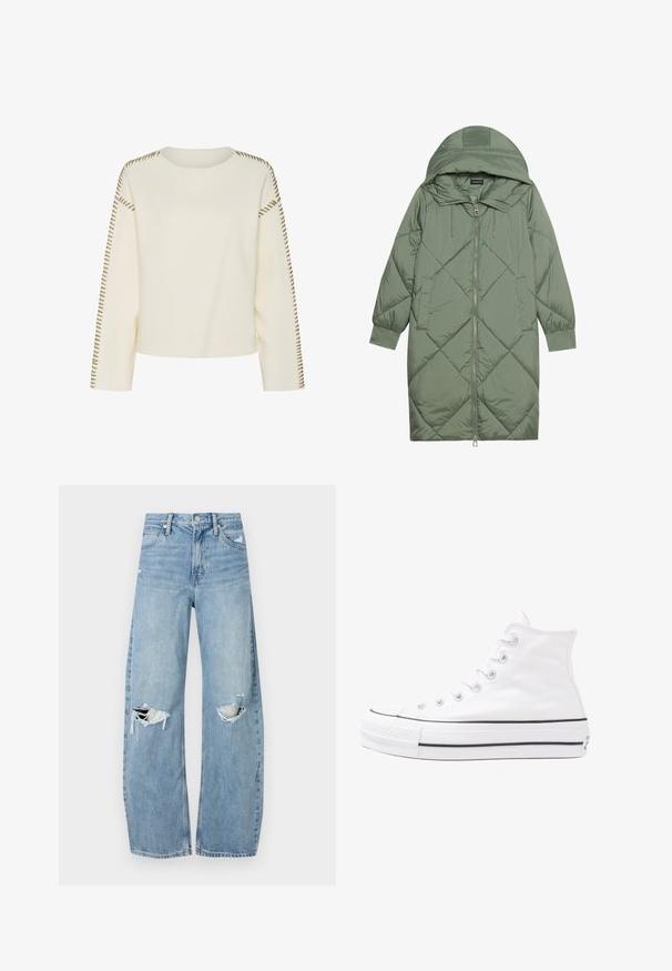 Manteau matelassé long vert avec capuche, doté d'une fermeture éclair à l'avant et de deux poches latérales. Motif en losanges texturé sur toute sa surface.; Pull créme clair avec un col rond, des manches longues et des coutures décoratives marron le long des coutures d'épaule. Texture douce et coupe décontractée.; Jeans en denim bleu clair à taille haute. Présentent des jambes larges, deux zones déchirées aux genoux et un style classique à cinq poches.; Baskets montantes en toile blanche avec semelle en caoutchouc noir, capuchon en caoutchouc à l'avant, et six œillets pour les lacets, présentant un design épuré et minimaliste.