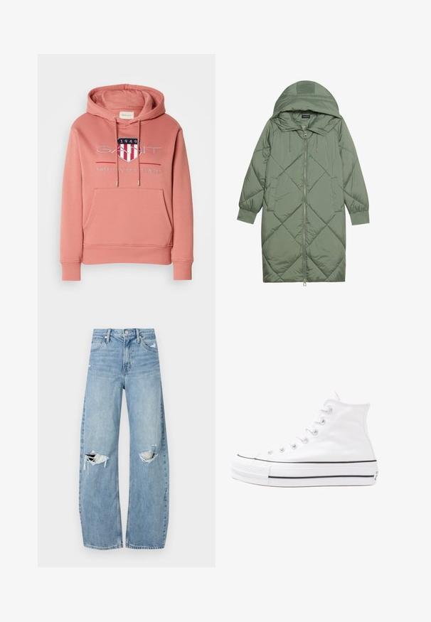 Gesteppten langer grüner Daunenmantel mit Kapuze, mit einem Reißverschluss vorne und zwei Seitentaschen. Strukturiertes Rautenmuster auf der gesamten Fläche.; Rosa Hoodie mit Kängurutasche, Kapuze mit Kordelzug und gesticktem Logo, das ein Schild mit roten und weißen Streifen zeigt. Weicher Stoff.; Helles, hochtailliertes Jeans aus Denim. Hat weit geschnittene Beine, zwei aufgerissene Kniebereiche und klassischen Fünf-Taschen-Stil.; Weiße hochwertige Leinensneaker mit schwarzer Gummisohle, vorderem Gummizehenschutz und sechs Ösen für Schnürsenkel, die ein sauberes, minimalistisches Design aufweisen.